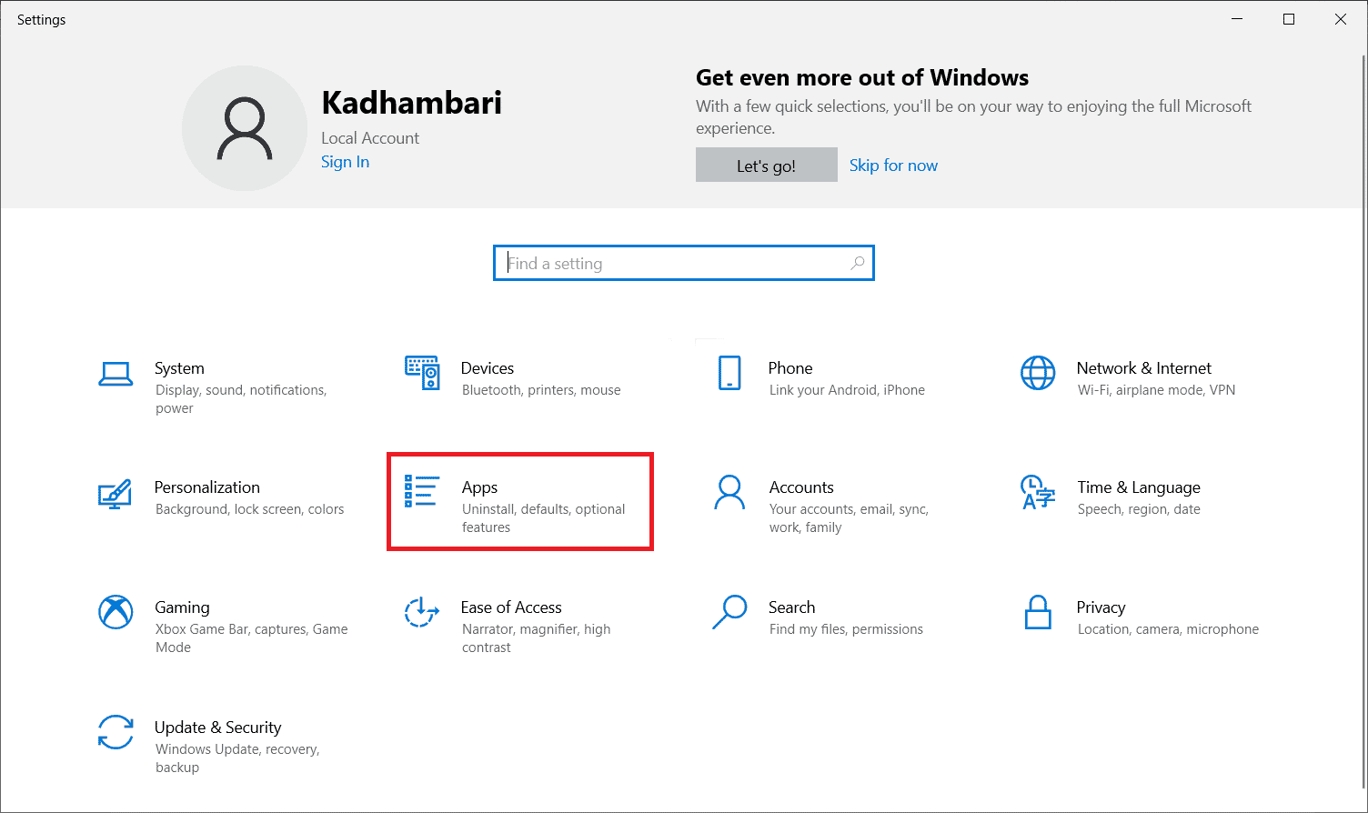 Select Apps setting. Fix Error in wsclient.dll in Windows 10