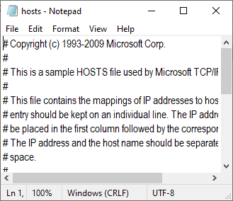 the hosts file will be opened in Notepad 