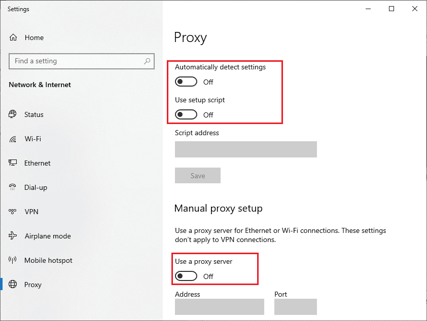 toggle OFF Proxy server. Fix OneDrive 0x8004de40 Error in Windows 10