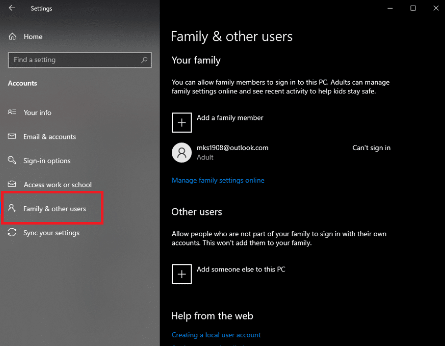 select the Family and other users option