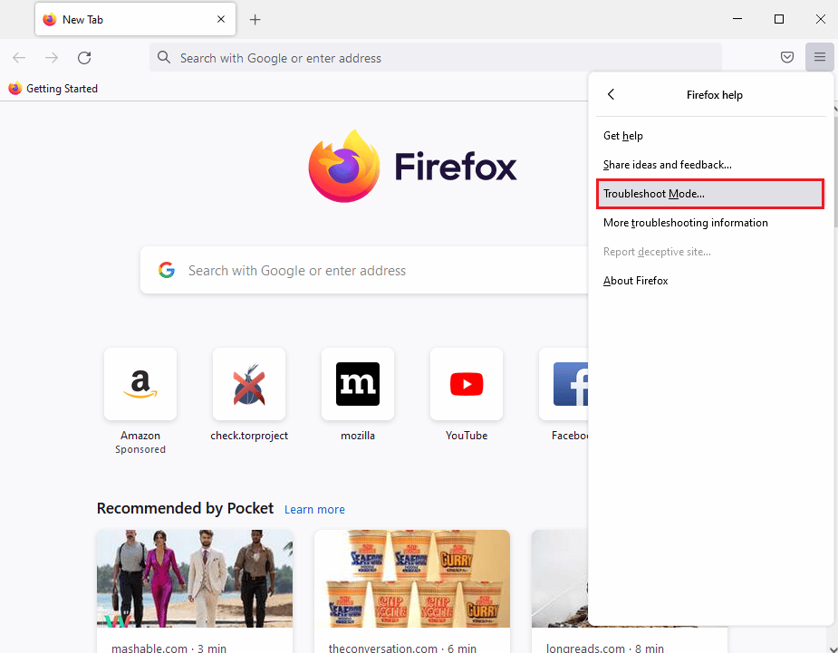 Haga clic en Modo de solución de problemas... en la ventana de ayuda de Firefox.