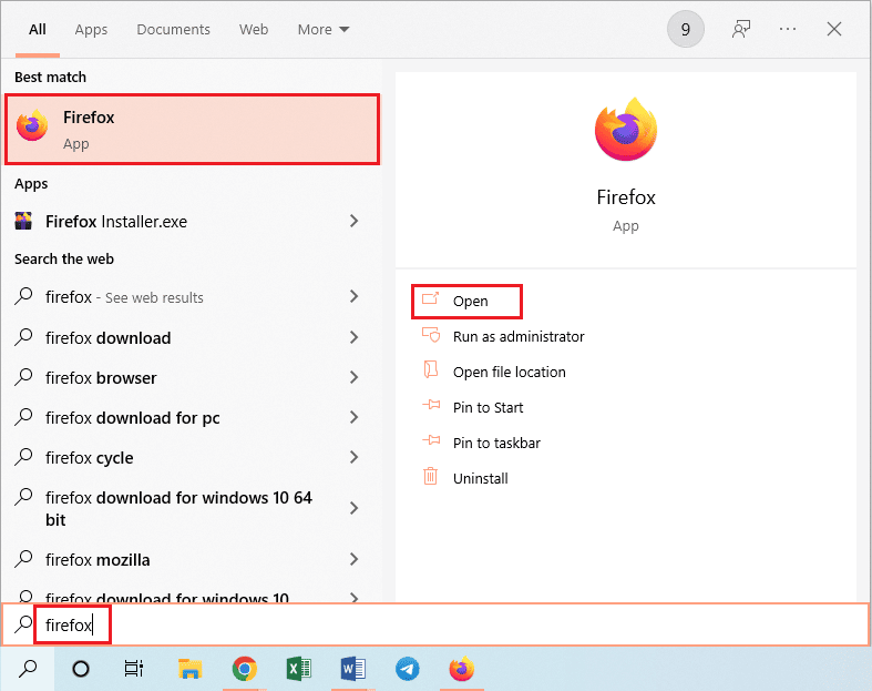 Inicie la aplicación del navegador web Firefox. Solucionar el error de Netflix f7121 1331 P7 en Windows 10