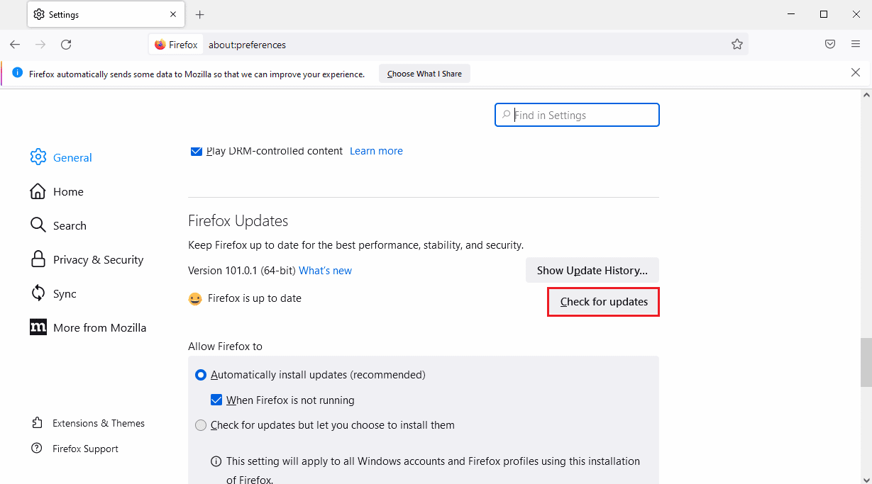 Haga clic en el botón Buscar actualizaciones en la sección Actualizaciones de Firefox. Solucionar el error de Netflix f7121 1331 P7 en Windows 10