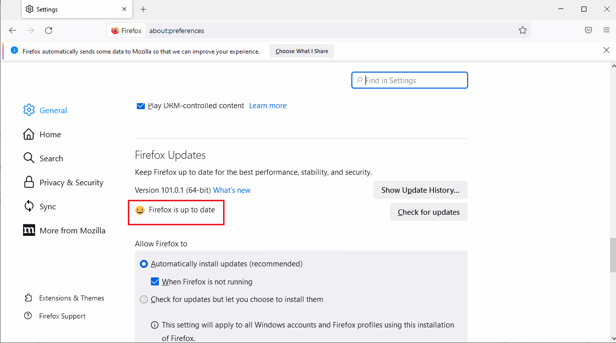 You will see the Firefox is up to date message