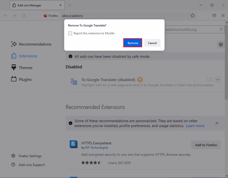 Click on the Remove button. Fix Plugin Container for Firefox Not Working