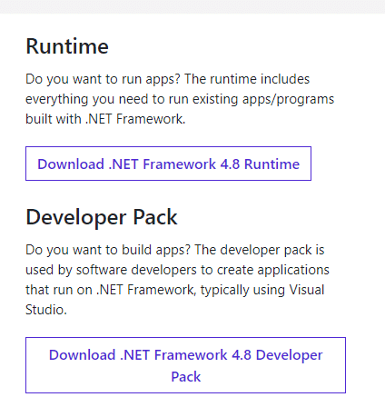 Älä napsauta Lataa .NET Framework 4.8 Developer Pack