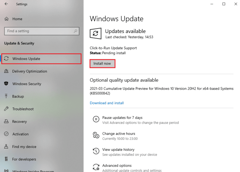 Update Windows. Fix Office Error Code 1058 13 in Windows 10