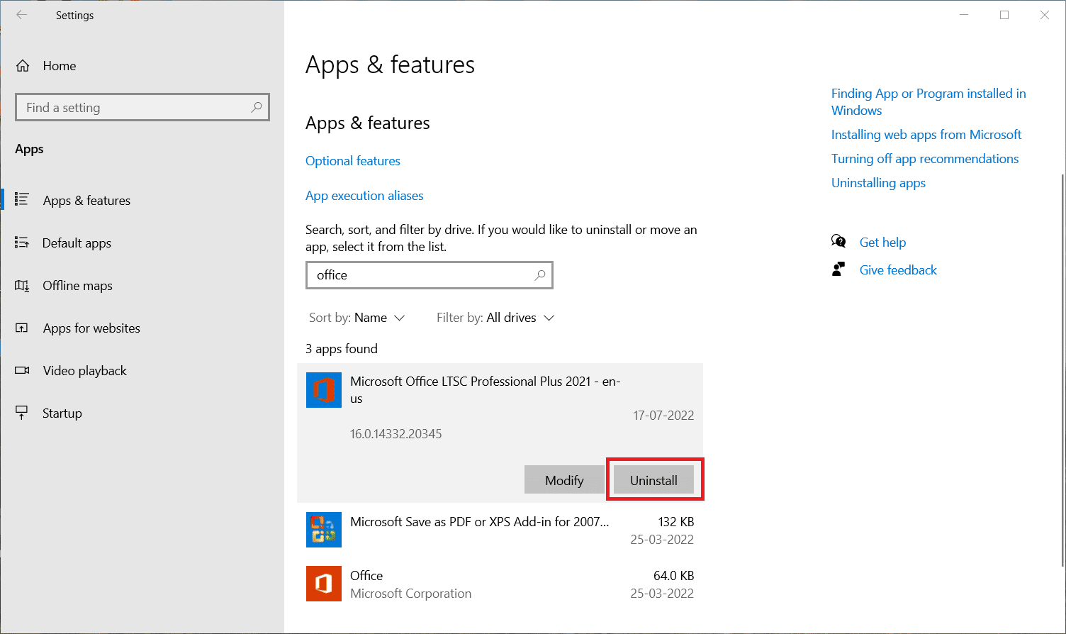 Нажмите «Удалить». Исправить код ошибки Office 1058 13 в Windows 10