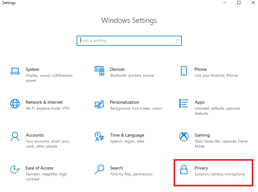 click on Privacy setting. Fix PUBG Sound Issue in Windows 10 PC