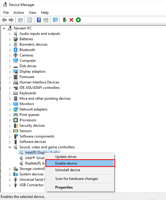 select the Enable device option