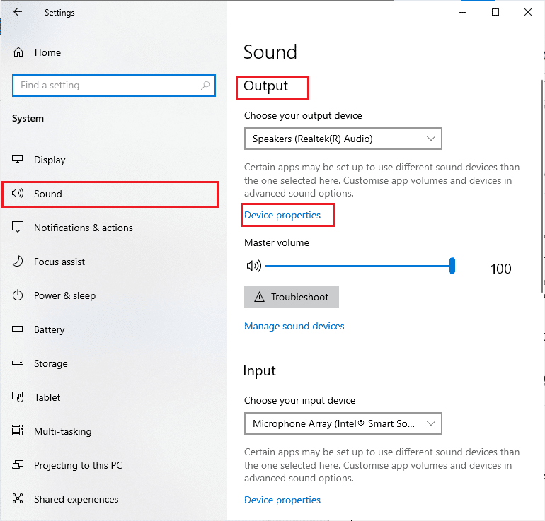 click on Sound and click on Device properties under the Output menu