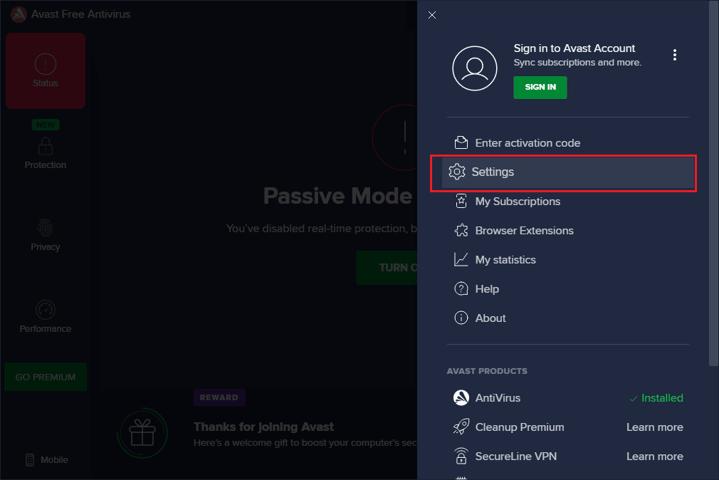 select Settings from the list