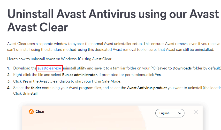 нажмите avastclear.exe, чтобы получить утилиту удаления Avast.