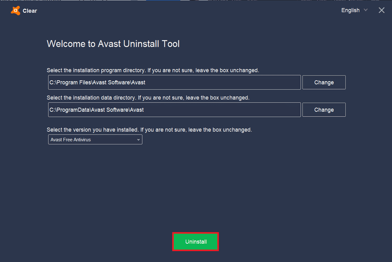 click on Uninstall to get rid of Avast and its associated files
