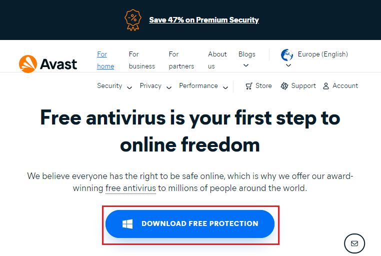 нажмите «СКАЧАТЬ БЕСПЛАТНУЮ ЗАЩИТУ», чтобы загрузить последнюю версию приложения Avast Antivirus.