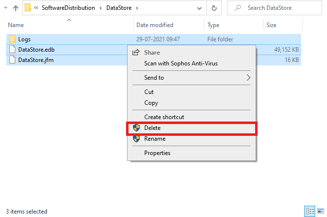 select the Delete option to remove all the files and folders from the DataStore location. Fix 0x800f0831 Windows 10 Update Error
