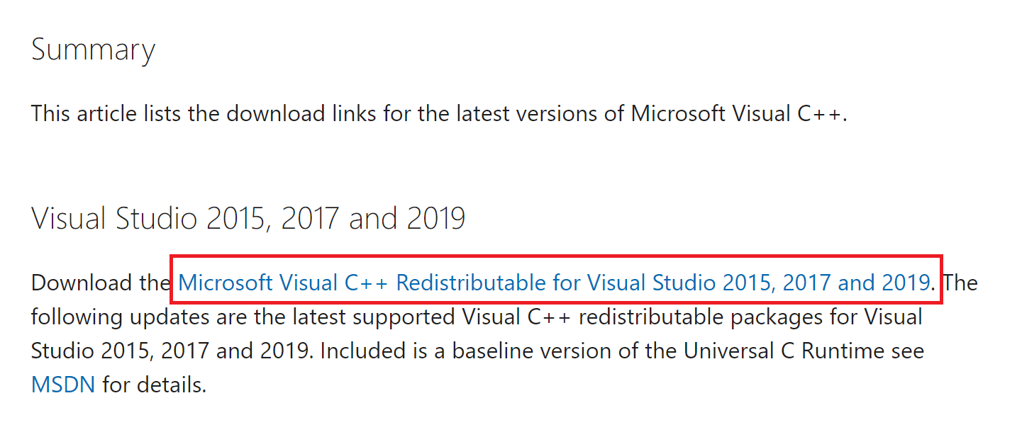Apsilankykite „Microsoft“ svetainėje ir atsisiųskite naujausią C paketą. Pataisykite „MultiVersus“ nepaleidimą sistemoje „Windows 10“.