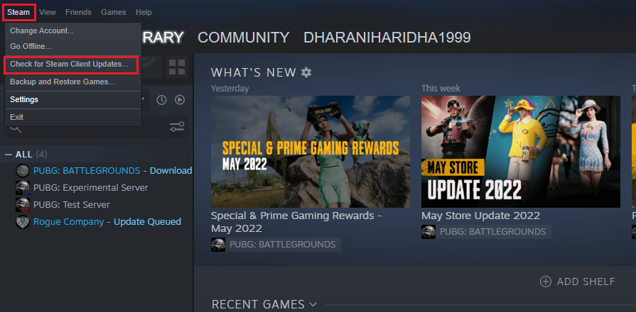 click on Steam in the top left corner of the screen followed by Check for Steam Client Updates… 