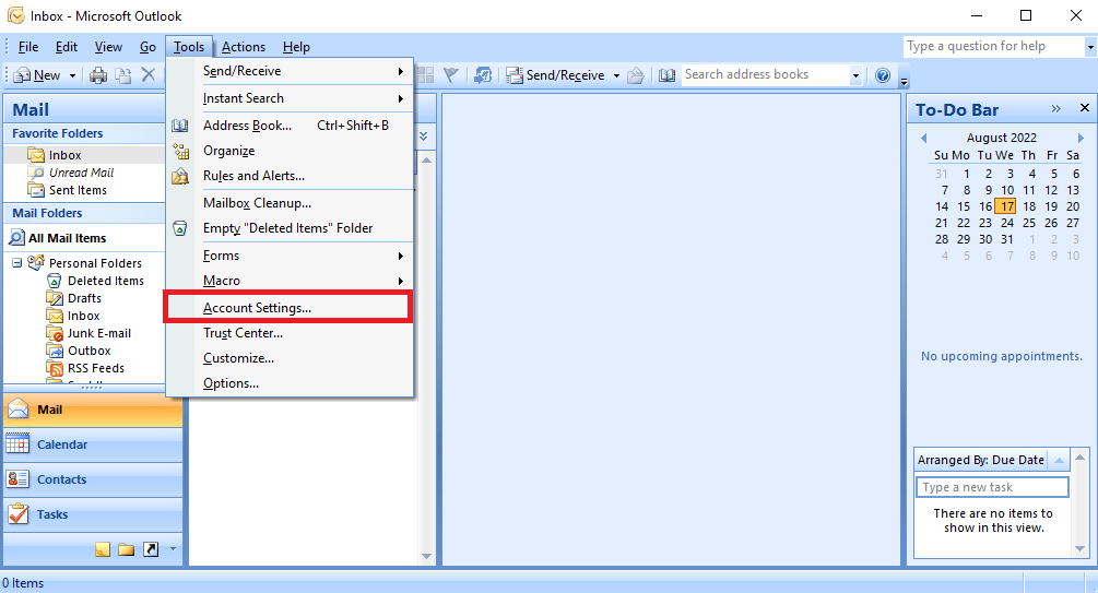 Click on Account Settings. Fix Outlook Error 0x8004102a in Windows 10