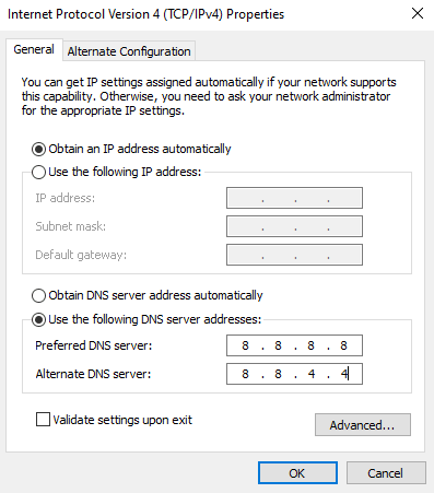 Select the icon Use the following DNS server addresses 