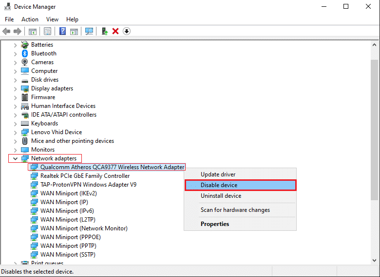Right click on the network driver and select Enable device