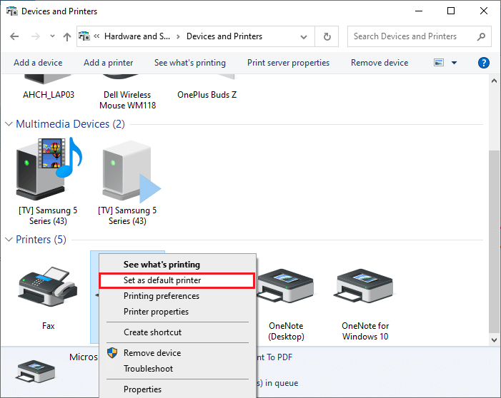 select Set as default printer