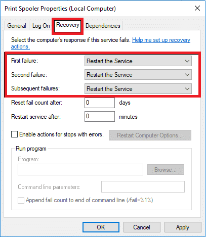 Switch to the Recovery tab and ensure that three failure tabs are set to Restart the Service. Fix Slow Network Printing in Windows 10