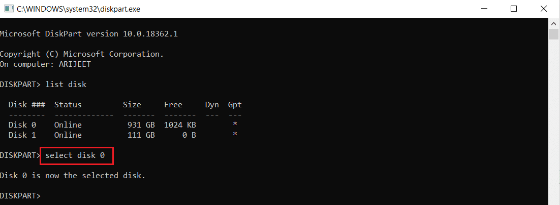 select disk 0 command in the diskpart command prompt