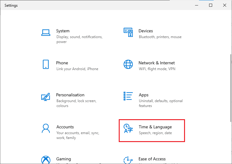 click on Time and Language setting. Fix Microsoft Error 0x80070032 in Windows 10