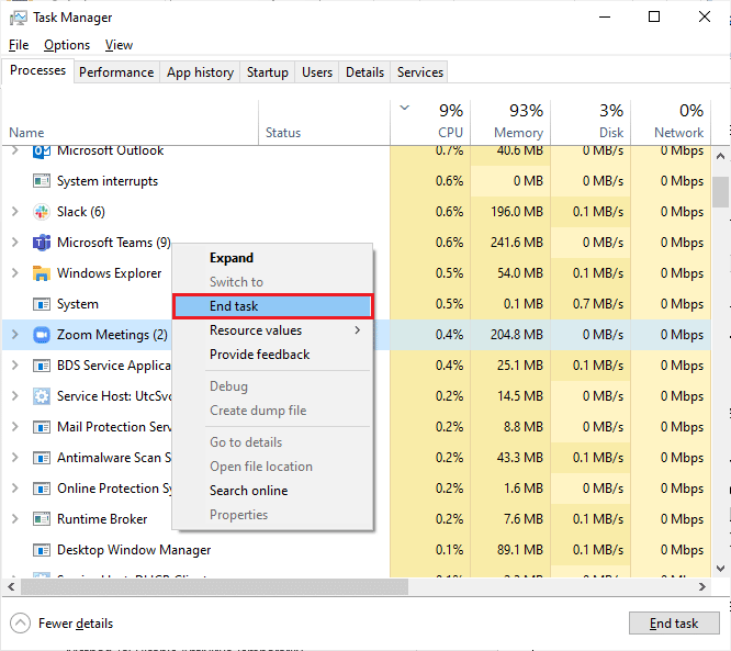 select the End Task option. Fix Zoom Error 1132 in Windows 10