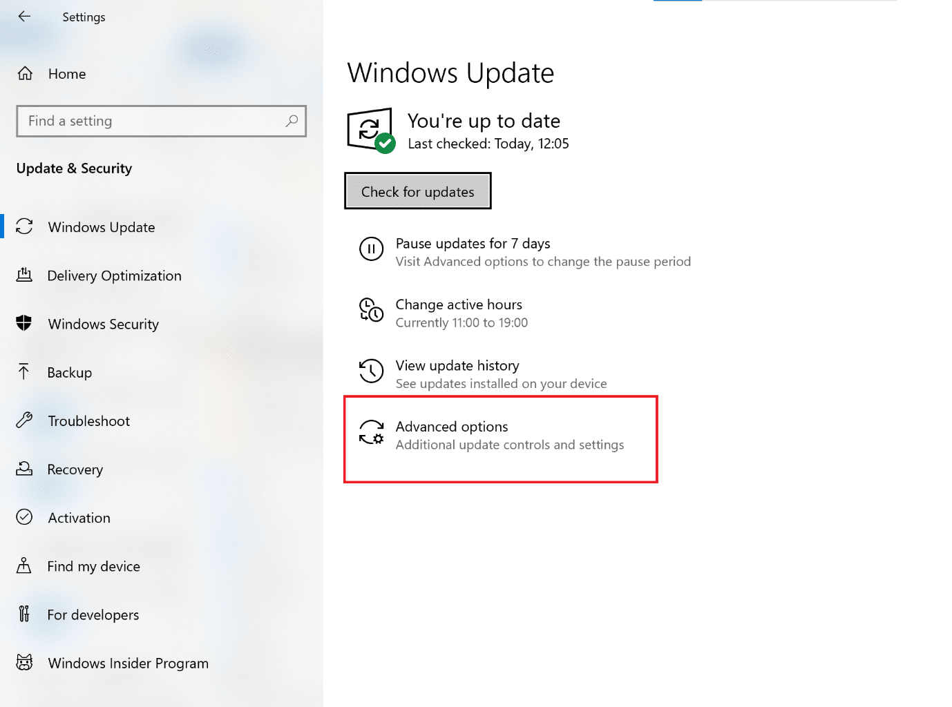 click on Advanced Options under Windows update