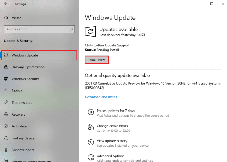 Update Windows. Fix Teams Error caa7000a in Windows 10
