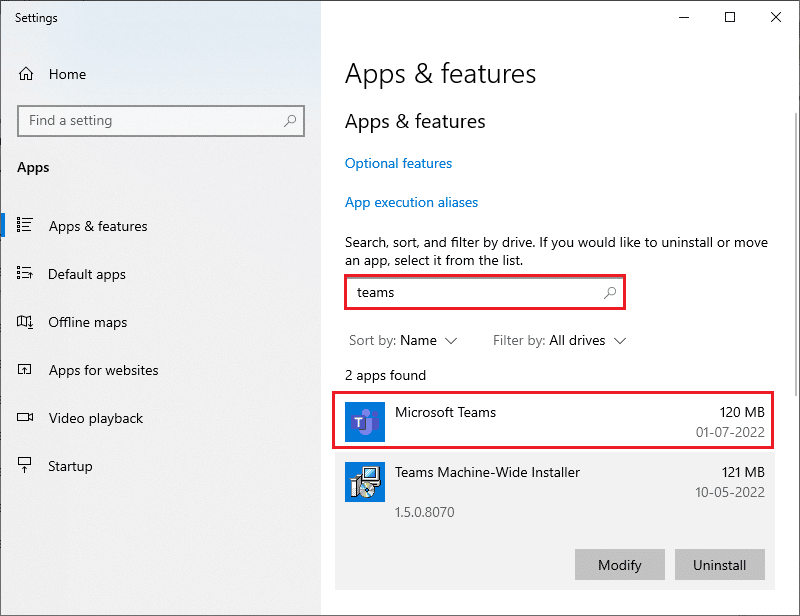 click on Microsoft Teams. Fix Teams Error caa7000a in Windows 10