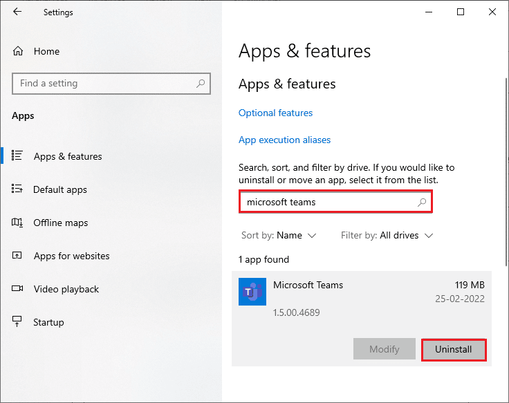 search and click on Microsoft Teams and select Uninstall option. Fix Teams Error caa7000a in Windows 10