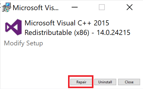 click on Repair. Fix Arbiter.dll Was Not Found in Windows 10