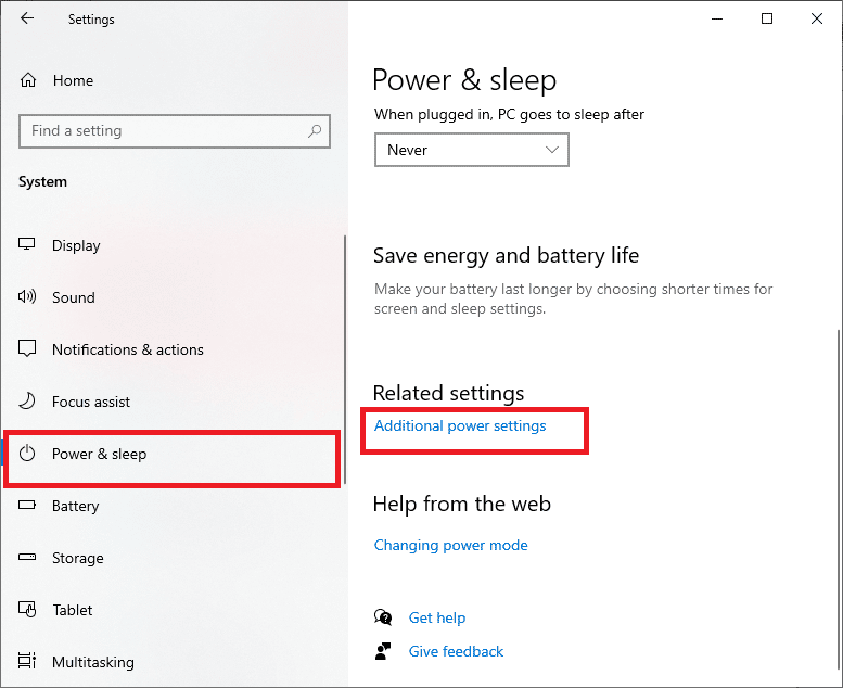 select the Power and sleep option and click on Additional power settings under Related settings