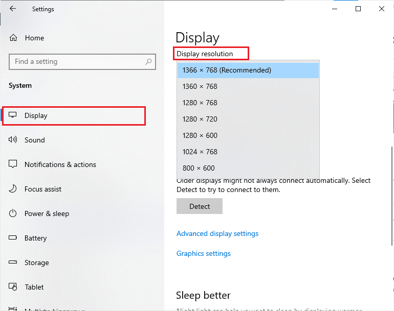 klik Tampilan dan di panel kanan pilih resolusi layar yang lebih rendah di bawah Resolusi tampilan. Perbaiki Kesalahan Aplikasi TslGame.exe di Windows 10