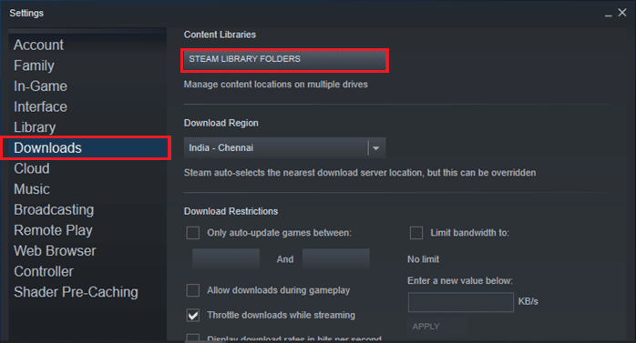 click on Downloads and select STEAM LIBRARY FOLDERS under Content Libraries