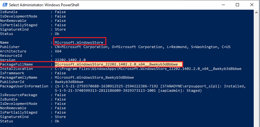 Microsoft.WindowsStore नाम खोजें और PackageFullName की प्रविष्टि की प्रतिलिपि बनाएँ
