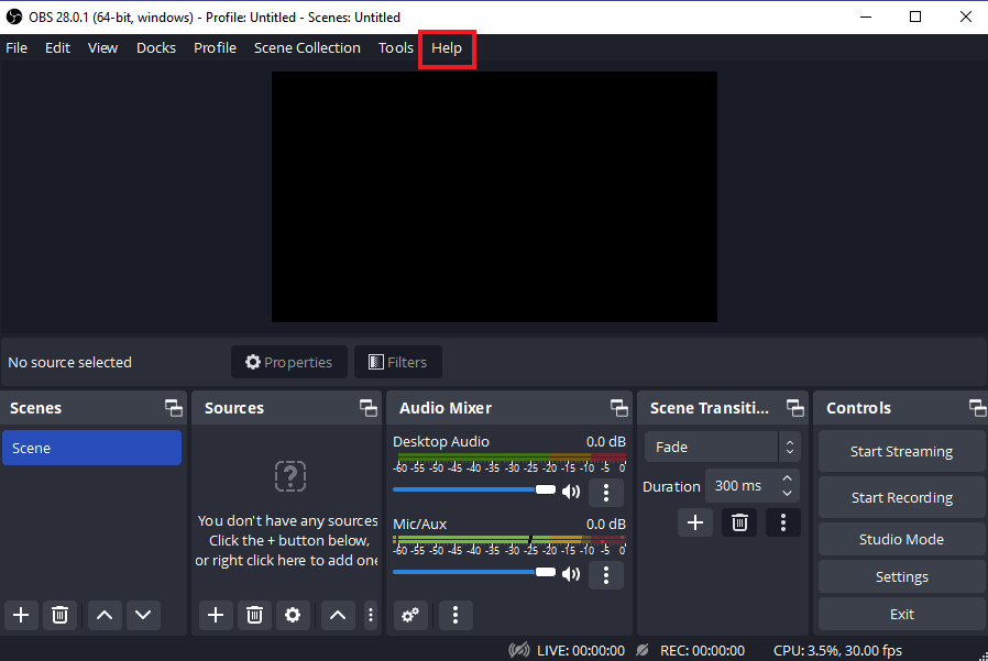 Click on Help. Fix OBS Error Failed to Connect to Server