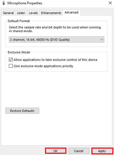Click on Apply and then OK. Fix Skype Can’t Access Sound Card in Windows 10
