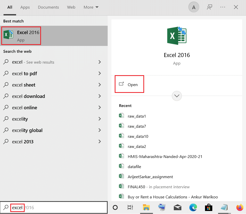 open ms excel from windows search