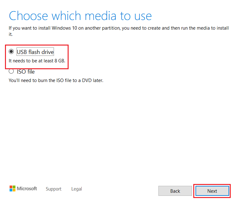 select USB flash drive option and click on Next in Windows 10 installation mediacreationtool setup