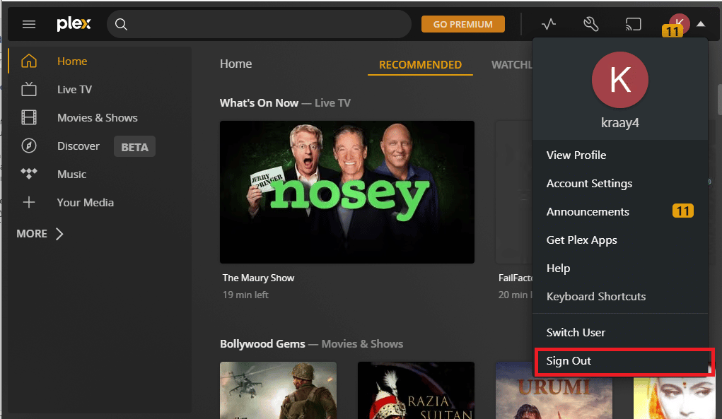 Click on the Sign Out option. Fix App Plex TV is Unable to Connect to Securely
