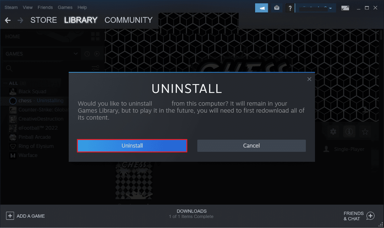 click on Uninstall option to uninstall a game in Steam