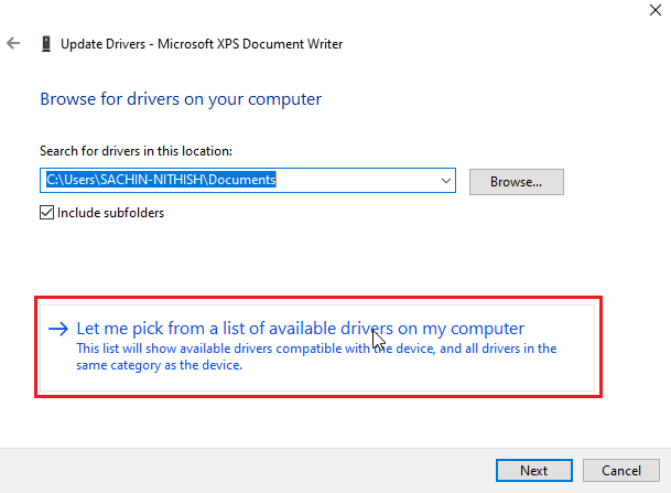 click on Let me pick from a list of available drivers on my computer