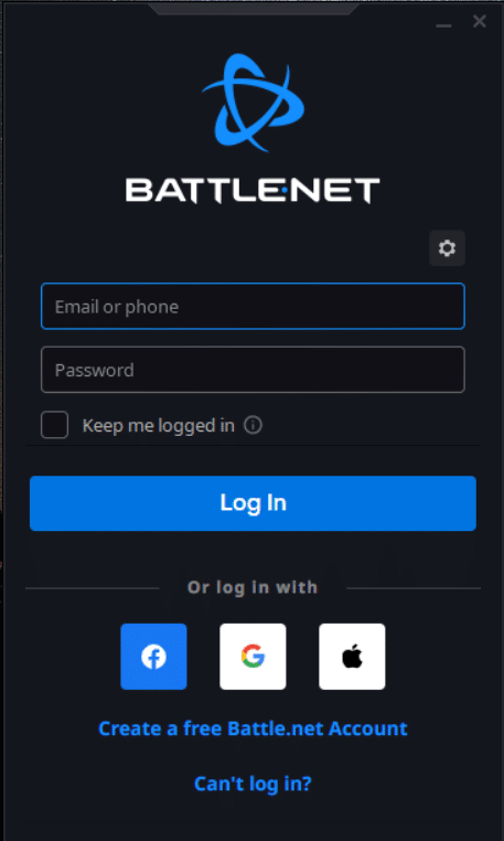 Battle.net app log in window. Fix Battle.net Update stuck at 0% in Windows 10