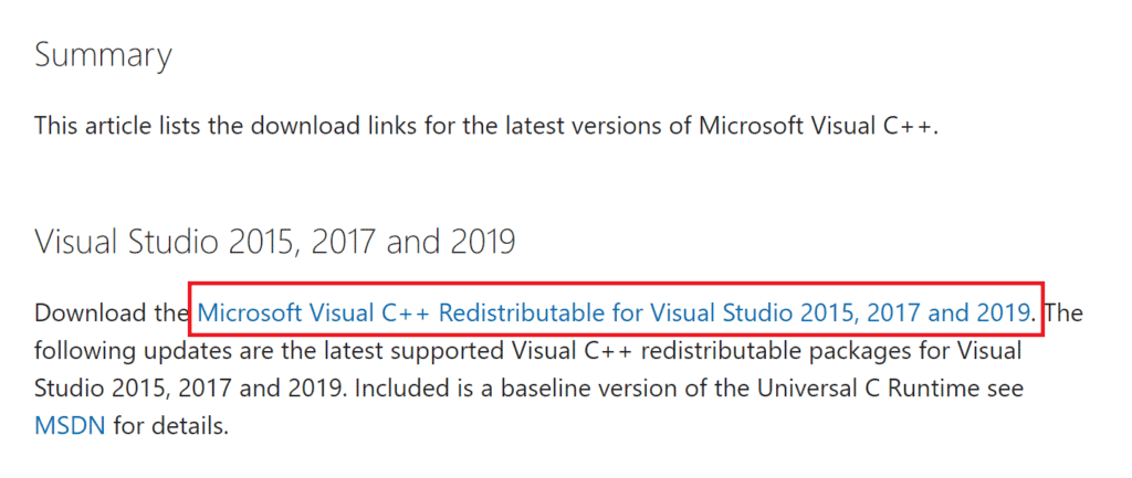 Buksan ang Microsoft Visual C plus plus Redistributable page