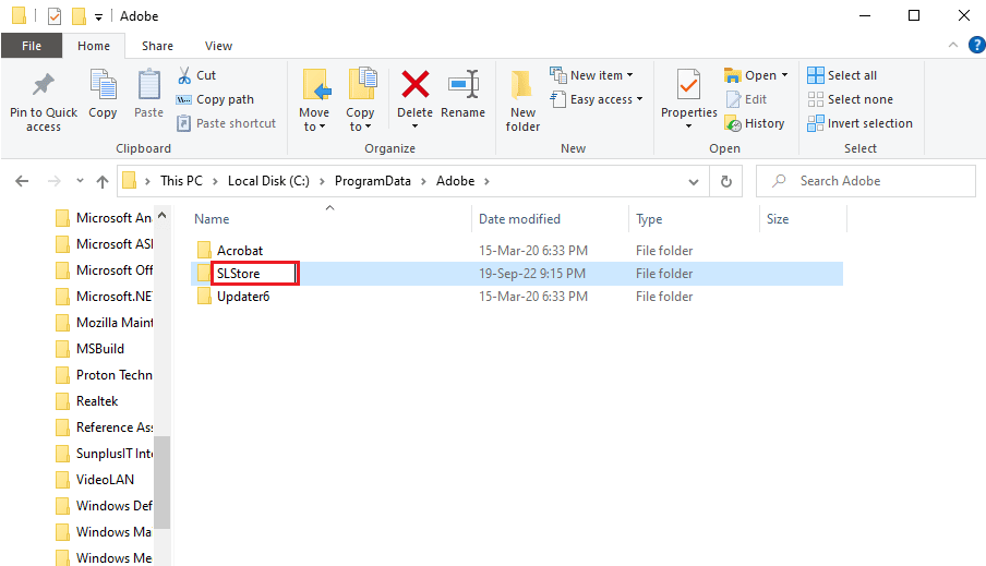 Tapez SLStore comme nom de dossier et appuyez sur la touche Entrée. Correction de l'erreur 16 d'Adobe After Effects dans Windows 10