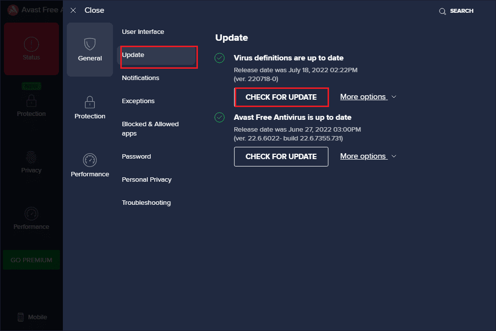 click on the CHECK FOR UPDATE button